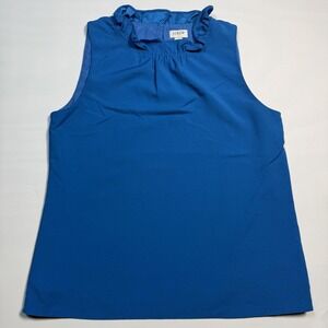 J Crew Blouse Womens XS Blue Ruffle High Neck Sleeveless Lined Work Shell Top